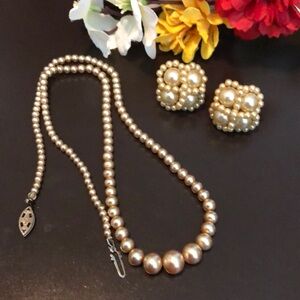 🌹Vintage 1940’s Estate Champagne Pearl Necklace & Earrings